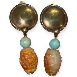 Turquoise & Carved Stone Drop Earrings Clip-On Vintage Statement Boho Brass